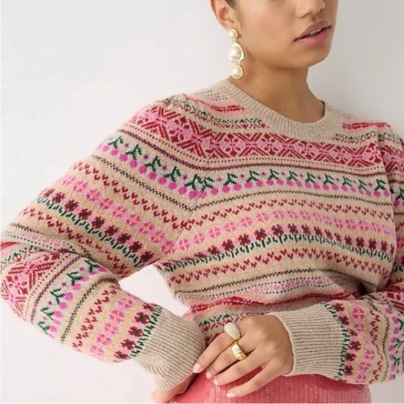J. Crew Sweaters - J. Crew Tan Pink Puff Sleeve Fair Isle Crew Neck Sweater in Size Extra Small XS